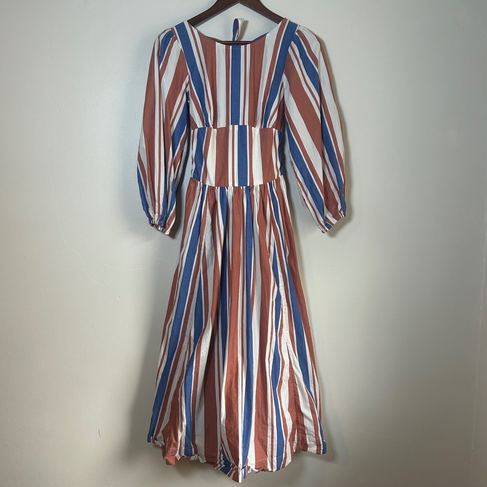 Free People Free-est Midi Dress Womens XS Rust Blue White Striped Puff Sleeve - Picture 1 of 4